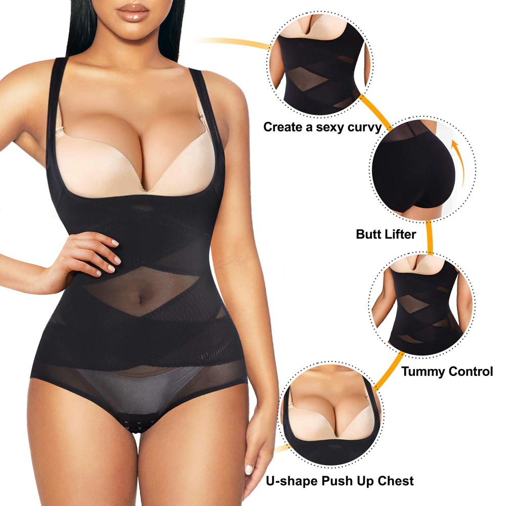 Mesh Criss-Cross Firm Control Shaping Bodysuit