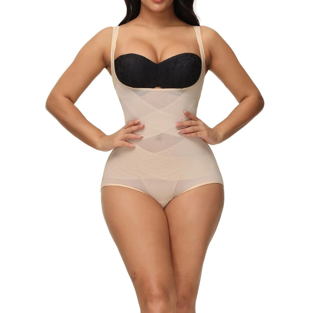 Mesh Criss-Cross Firm Control Shaping Bodysuit